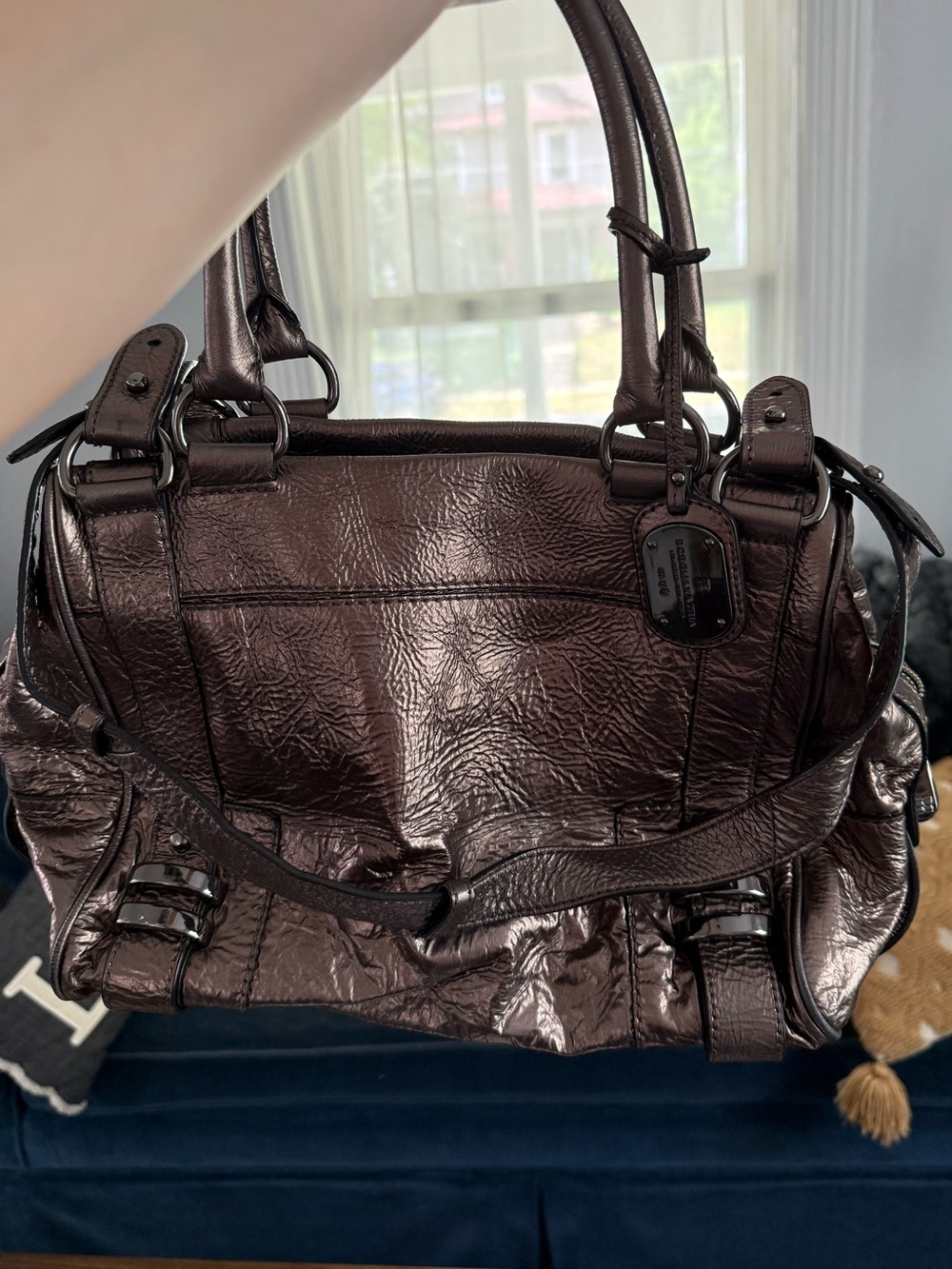 BCBG MAXAZRIA Gunmetal soft patent bag with multi straps